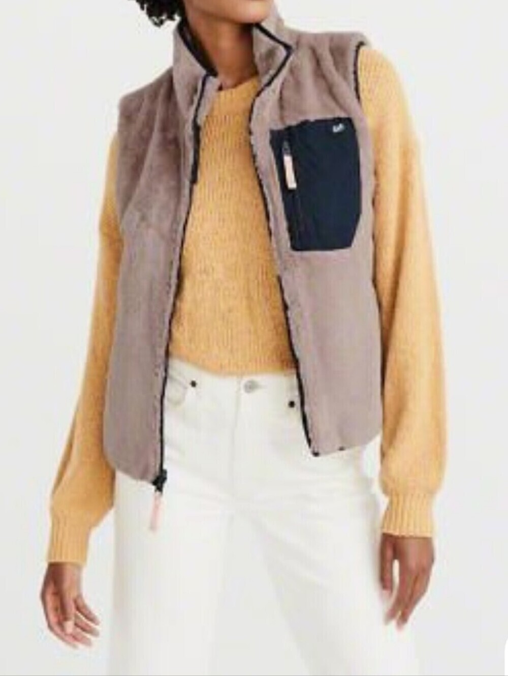 Abercrombie Faux Fur Vest Reversible Zip Closure Pockets Mauve Navy M